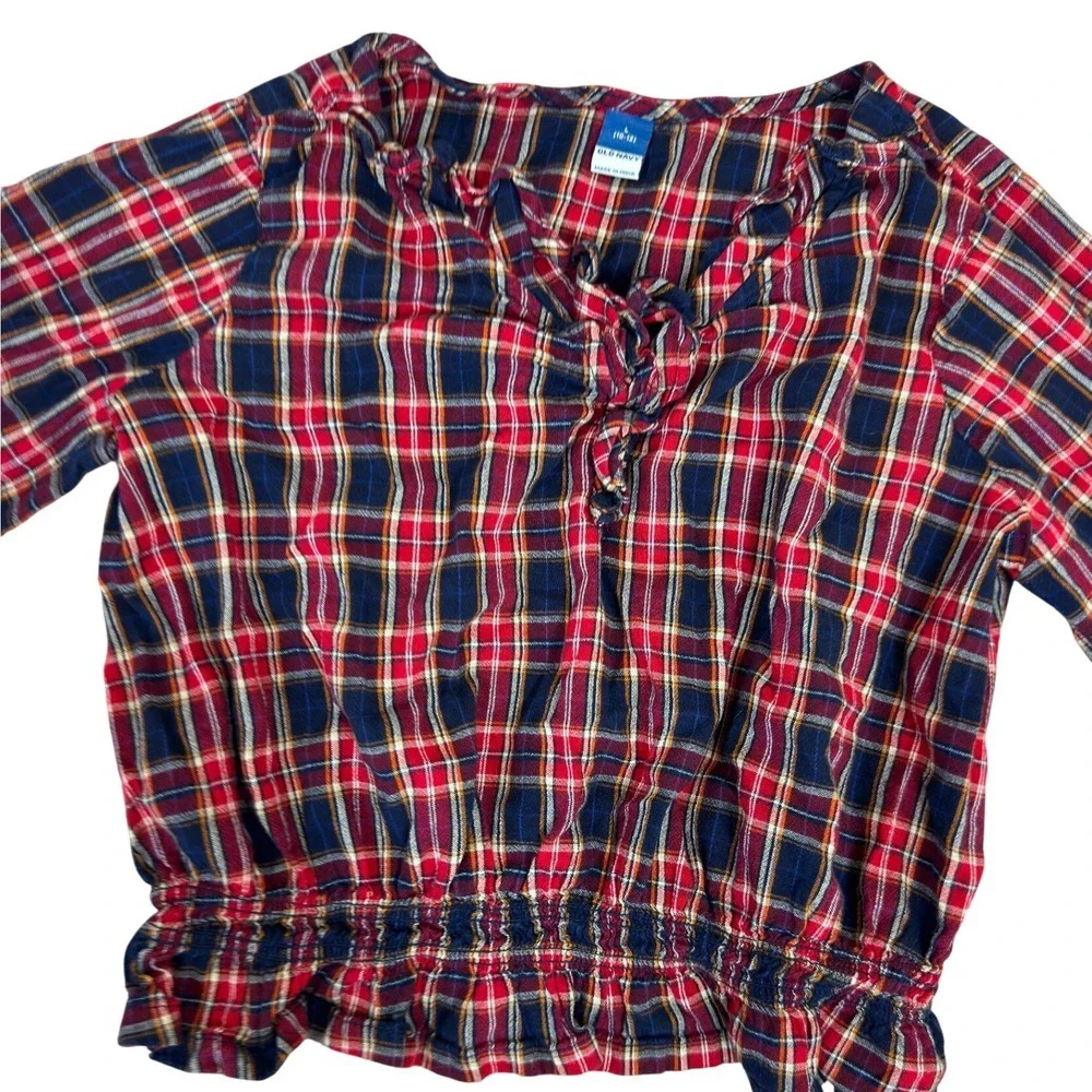 Old Navy Girls Red Navy Plaid Smocked Hem Long Sleeve Blouse Top L 10-12